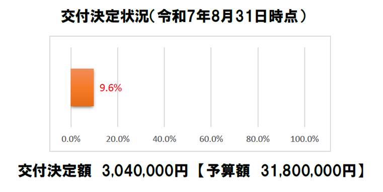 令和7年8月31日時点での交付決定状況です。交付決定額は予算額31,800,000円のうち、3,040,000円（9.6％）です。