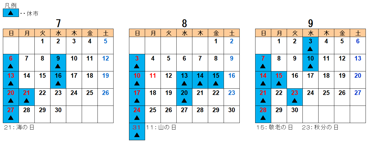 2025年7月から9月までの水産物部カレンダー